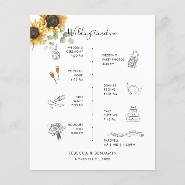 Sunflower Modern Icons Wedding Itinerary Program (Front)