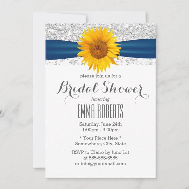 Sunflower Modern Silver Glitter Bridal Shower Invitation (Front)