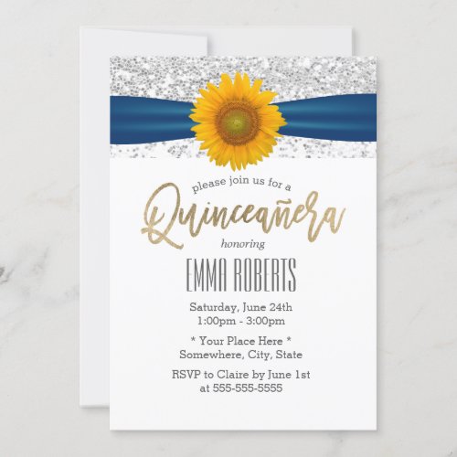 Sunflower Modern Silver Glitter Quinceanera Invitation