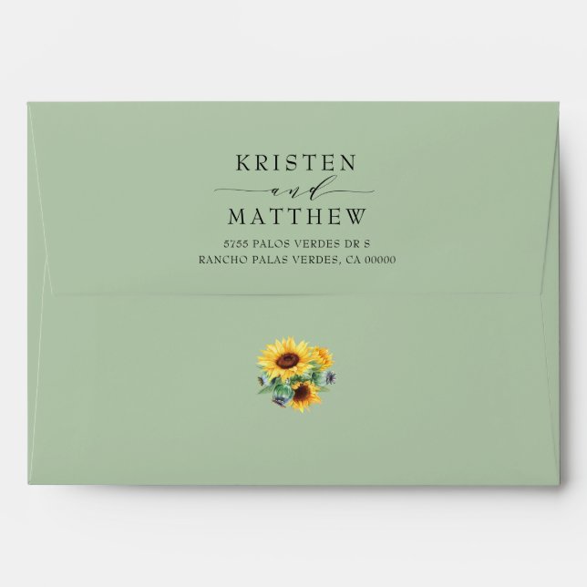 Sunflower Modern Watercolor Green Wedding Envelope (Back (Top Flap))