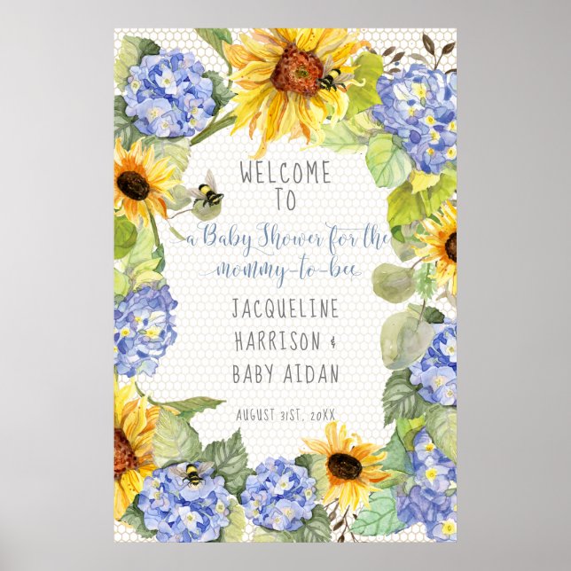 Sunflower Mommy to Bee Bumblebee Blue Hydrangeas Poster (Front)