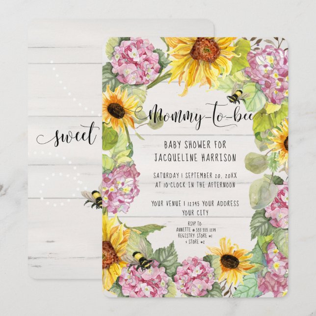 Sunflower Mommy to Bee Pink Hydrangeas Shower Invitation (Front/Back)