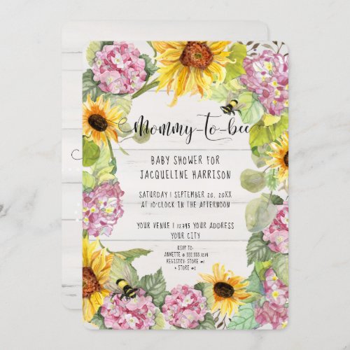 Sunflower Mommy to Bee Pink Hydrangeas Shower Invitation