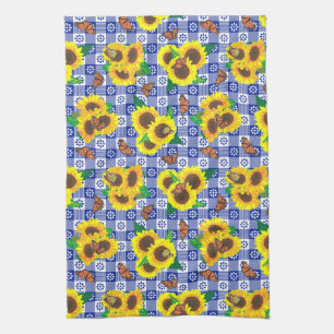 Sunflower Monarch Butterflies Blue Gingham Pattern Kitchen Towel
