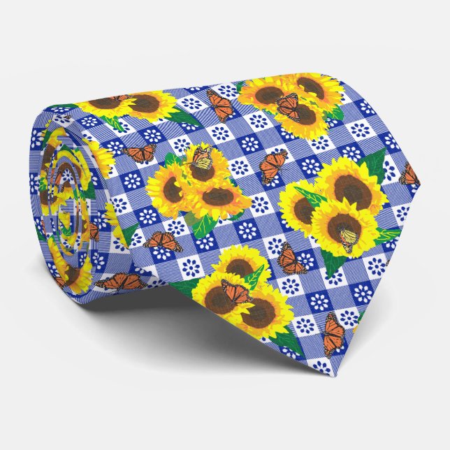 Sunflower Monarch Butterflies Blue Gingham Pattern Neck Tie (Rolled)