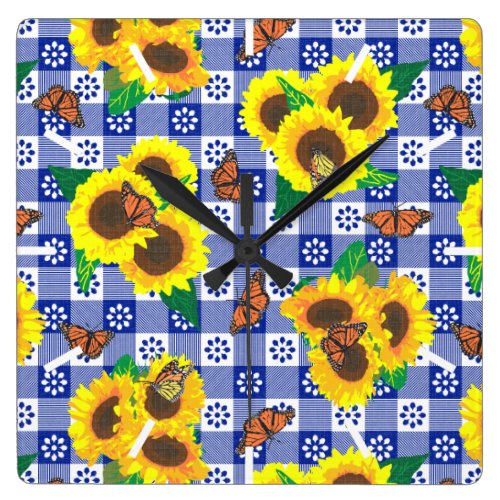 Sunflower Monarch Butterflies Blue Gingham Pattern Square Wall Clock