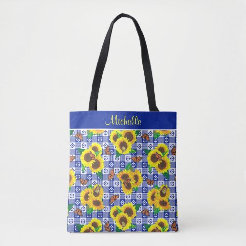 Sunflower Monarch Butterflies Blue Gingham Pattern Tote Bag