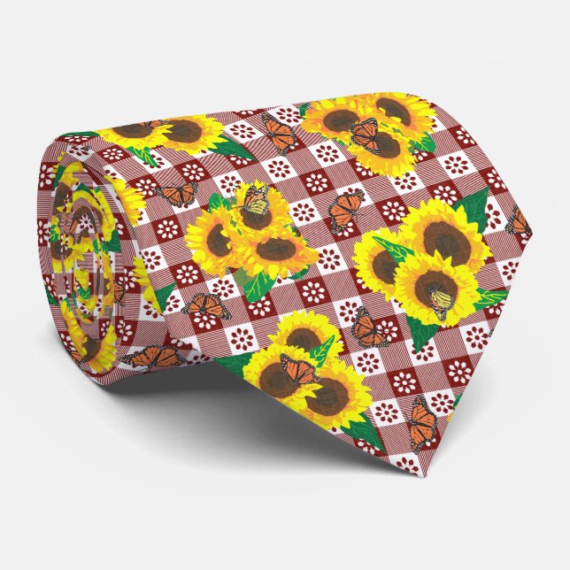 Sunflower Monarch Butterflies Red Gingham Pattern Neck Tie (Rolled)