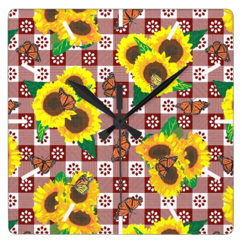 Sunflower Monarch Butterflies Red Gingham Pattern Square Wall Clock