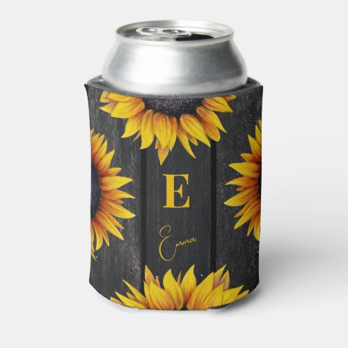 Sunflower monogram and name personalized can cooler