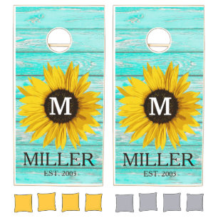 Sunflower Monogram Family Name Rustic Turquoise Cornhole Set