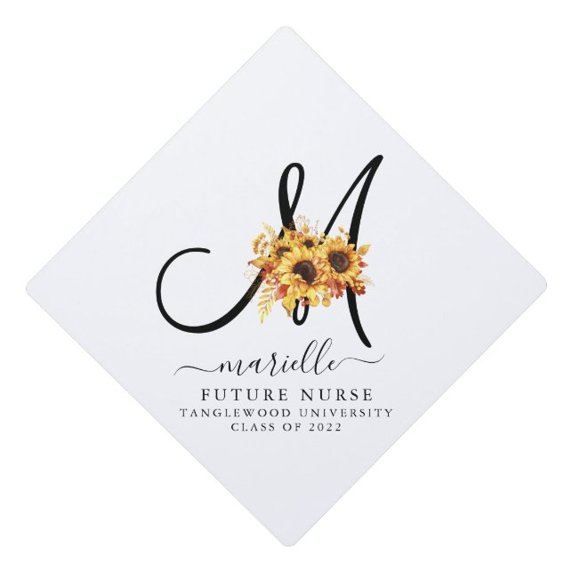 Sunflower Monogram Graduation Future Nurse Graduation Cap Topper (Front)