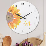 Sunflower Monogram Large Clock<br><div class="desc">This cheerful wall clock is decorated with a yellow watercolor sunflower and monogram in stylish typography.
It is easily customizable and makes a great gift for a sunflower lover.
Original Watercolor © Michele Davies.</div>