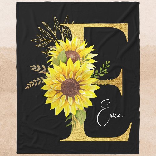 Sunflower Monogram Letter E Floral Letter E Gift Fleece Blanket