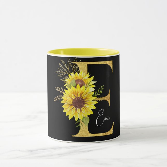 Sunflower Monogram Letter E Floral Letter E  Mug (Center)