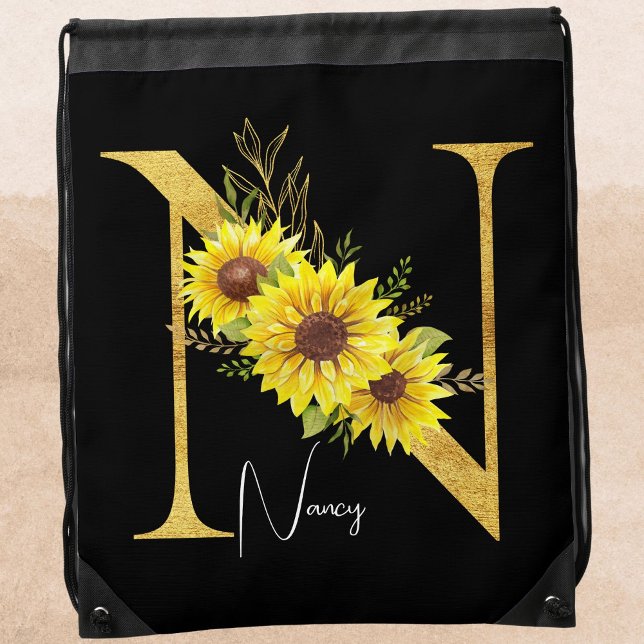 Sunflower Monogram Letter N Floral Letter N   Drawstring Bag (Creator Uploaded)