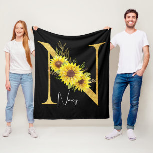 Sunflower Monogram Letter N Floral Letter N Gift Fleece Blanket