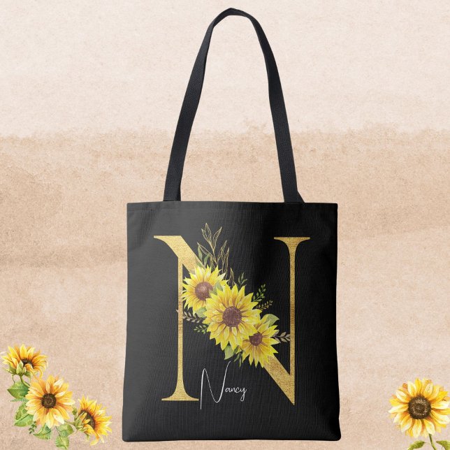 Sunflower Monogram Letter N Floral Letter N Gift  Tote Bag (Creator Uploaded)