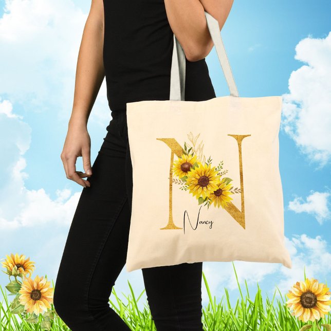 Sunflower Monogram Letter N Floral Letter N   Tote Bag (Creator Uploaded)