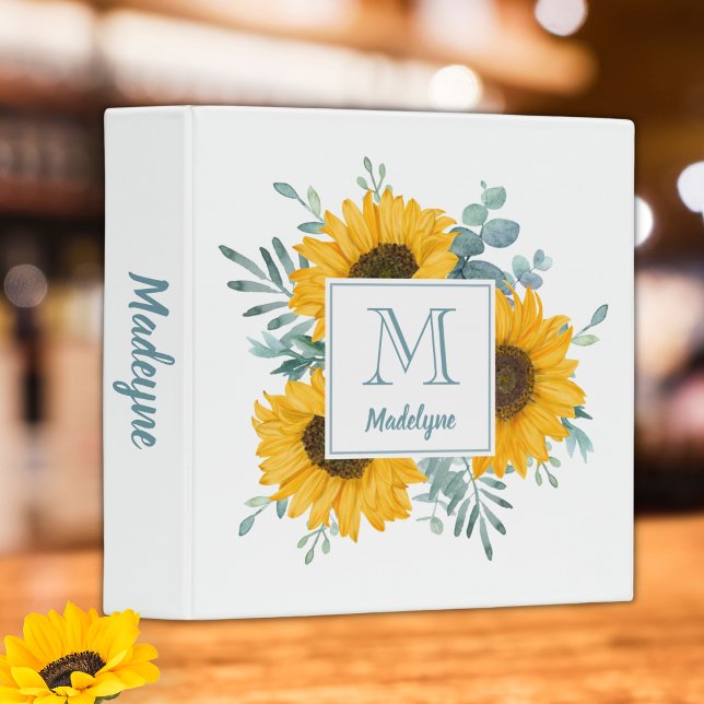 Sunflower Monogram Name Personalized 3 Ring Binder (Creator Uploaded)
