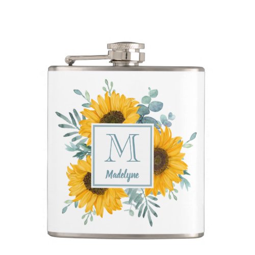 Sunflower Monogram Name Personalized Flask