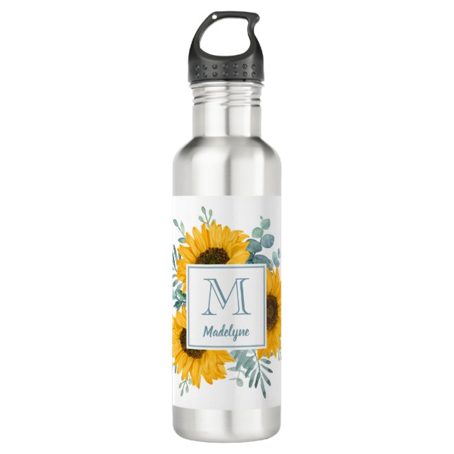 Sunflower Monogram Name Personalized Stainless Steel Water Bottle (Front)