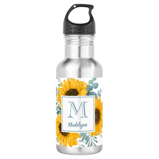 Sunflower Monogram Name Personalized Stainless Steel Water Bottle (Front)