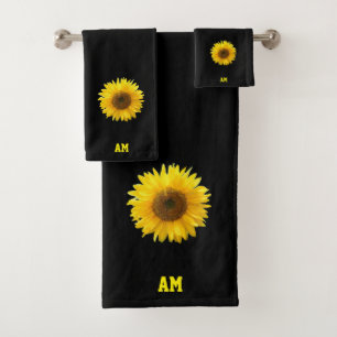 Sunflower & Monogram on Black Bath Towel Set