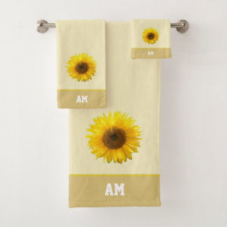 Sunflower & Monogram on Light Beige Bath Towel Set