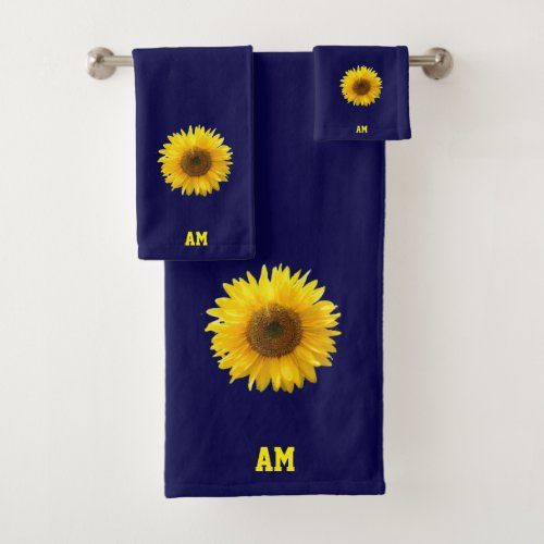 Sunflower  Monogram on Navy Blue Bath Towel Set