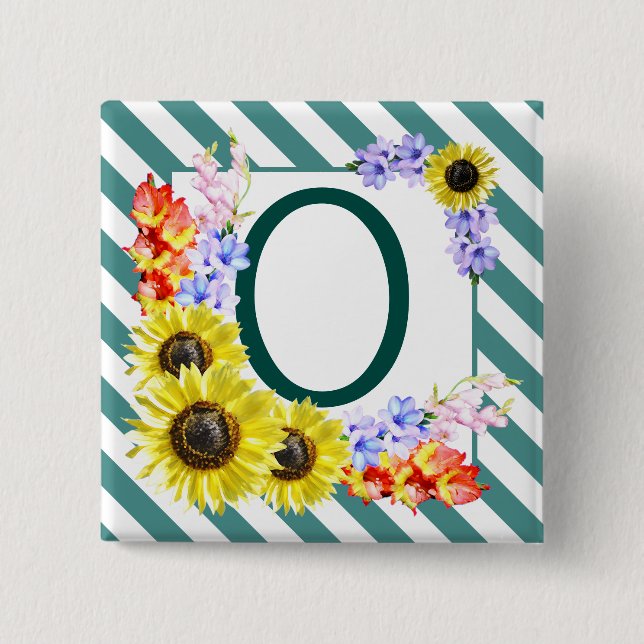 Sunflower Monogram Teal Stripes Button (Front)