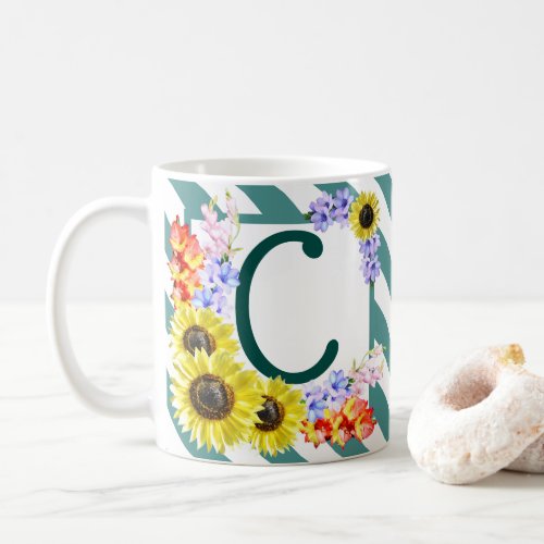 Sunflower Monogram Teal Stripes Coffee Mug