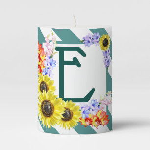 Sunflower Monogram Teal Stripes Pillar Candle