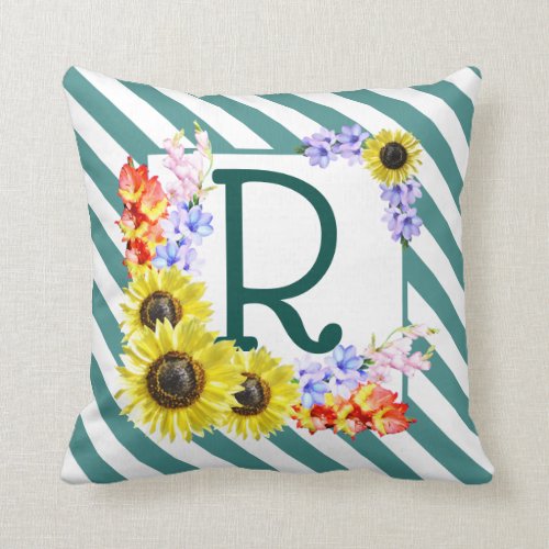 Sunflower Monogram Teal Stripes Throw Pillow