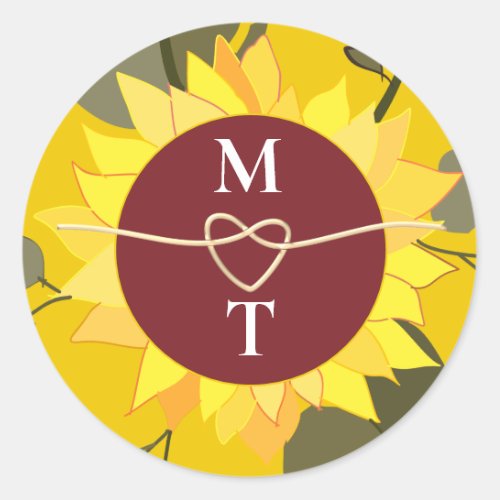 Sunflower Monogram Wedding Classic Round Sticker