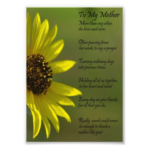 Sunflower Mother Appriciation Thank You Poem Print