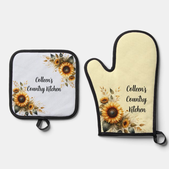 Sunflower Motif Country Kitchen Personalized  Oven Mitt & Pot Holder Set (Front)