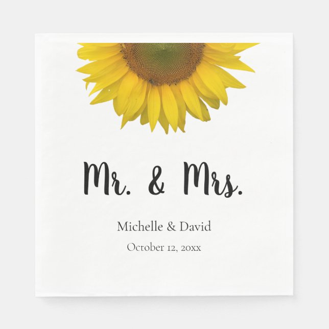 Sunflower Mr & Mrs Wedding  Elegant Typography Napkins (Front)