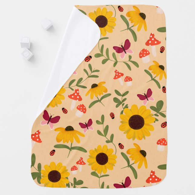Sunflower Mushroom Butterflies Garden Meadow Baby Blanket (In Situ)