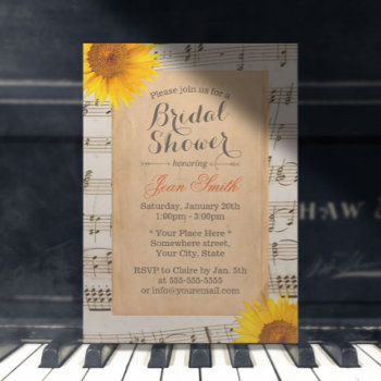 Sunflower & Music Sheet Vintage Bridal Shower Invitation by myinvitation at Zazzle