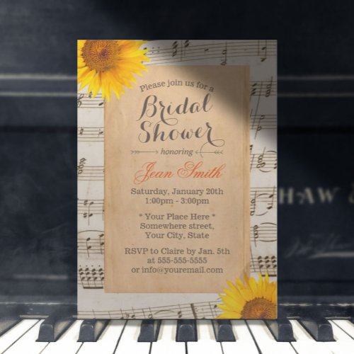 Sunflower  Music Sheet Vintage Bridal Shower Invitation