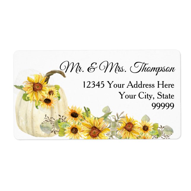 Sunflower Mustard Floral Watercolor White Pumpkin Label (Front)
