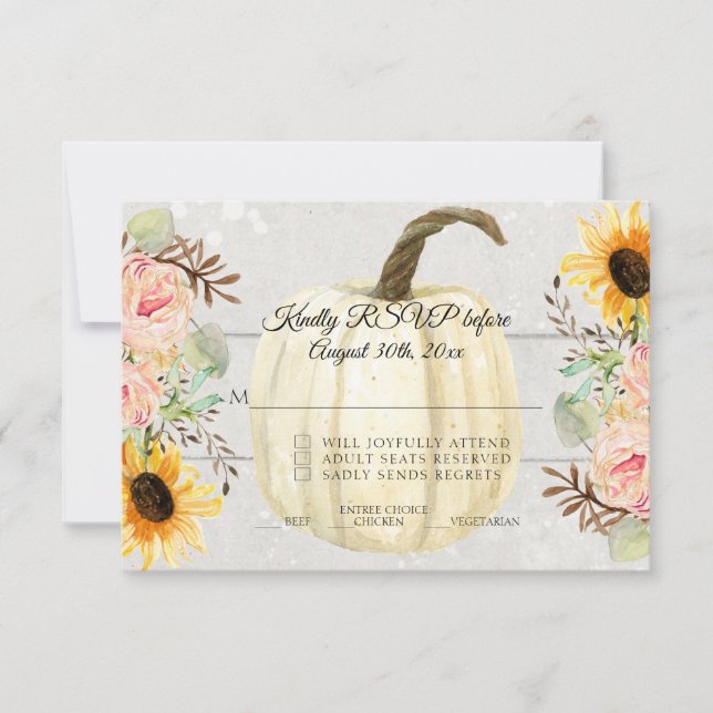 Sunflower n Pink Floral Rustic Pumpkin Wood RSVP  Invitation (Front)