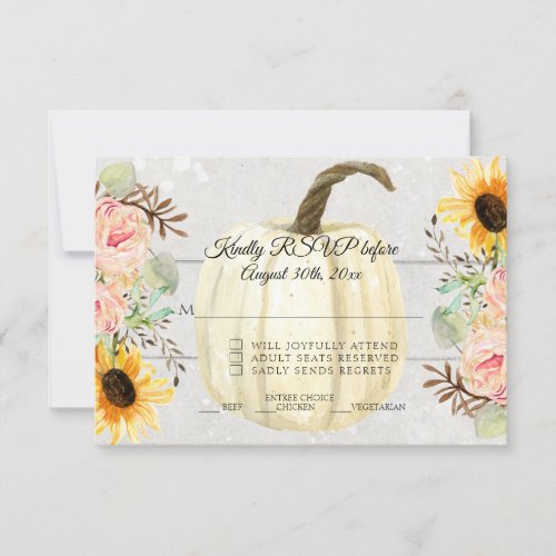 Sunflower n Pink Floral Rustic Pumpkin Wood RSVP  Invitation