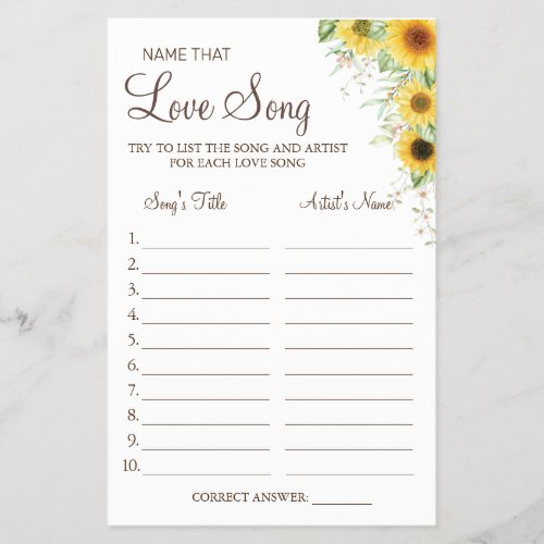 Sunflower Name that love song shower game card Flyer
