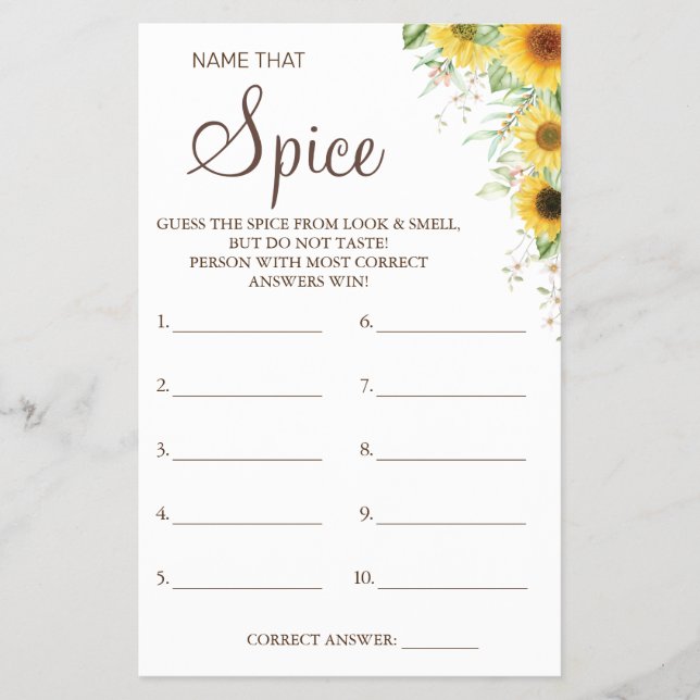 Sunflower Name that Spice Bridal shower game card Flyer (Front)