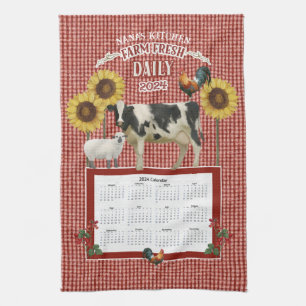 Sunflower Nana Rooster Cow Farm Fresh Red n White Kitchen Towel