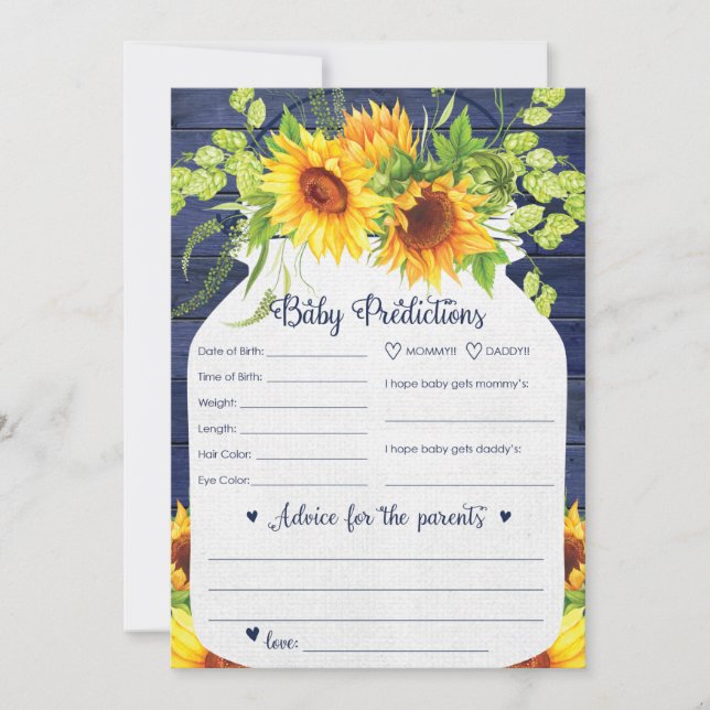 Sunflower Navy Baby Predictions and Advice Card (Front)