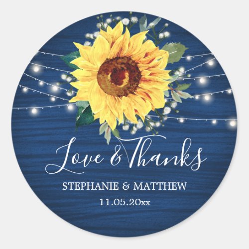 Sunflower Navy Babys Breath Lights Thanks Wedding Classic Round Sticker