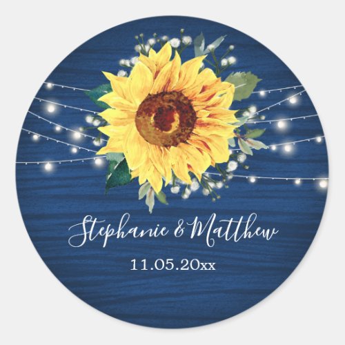 Sunflower Navy Babys Breath Lights Wedding Classic Round Sticker
